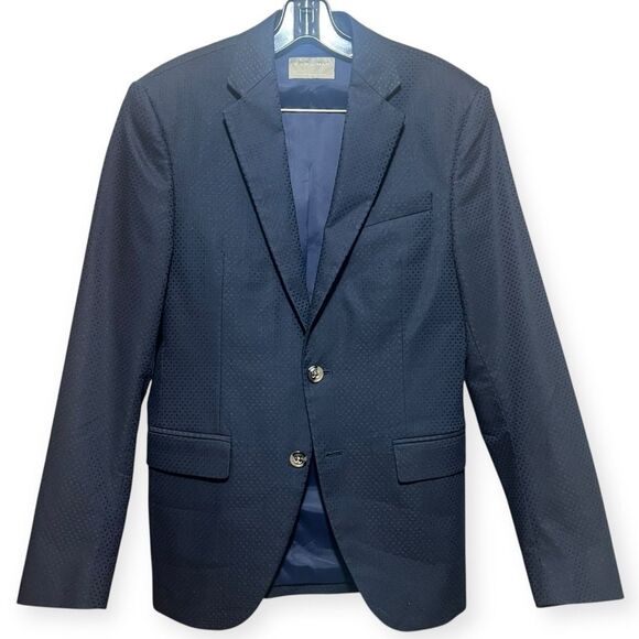 Zara Man Diamond Jaquard Textured Navy Blue Blazer 2 -Button Single Breasted 36R - Picture 2 of 11